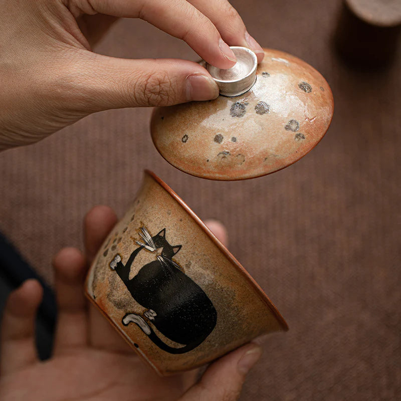 Hand-painted Black Ink Cat Gaiwan Teapot – 100ml | MDTEA