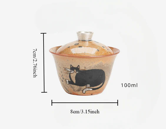 Hand-painted Black Ink Cat Gaiwan Teapot – 100ml | MDTEA