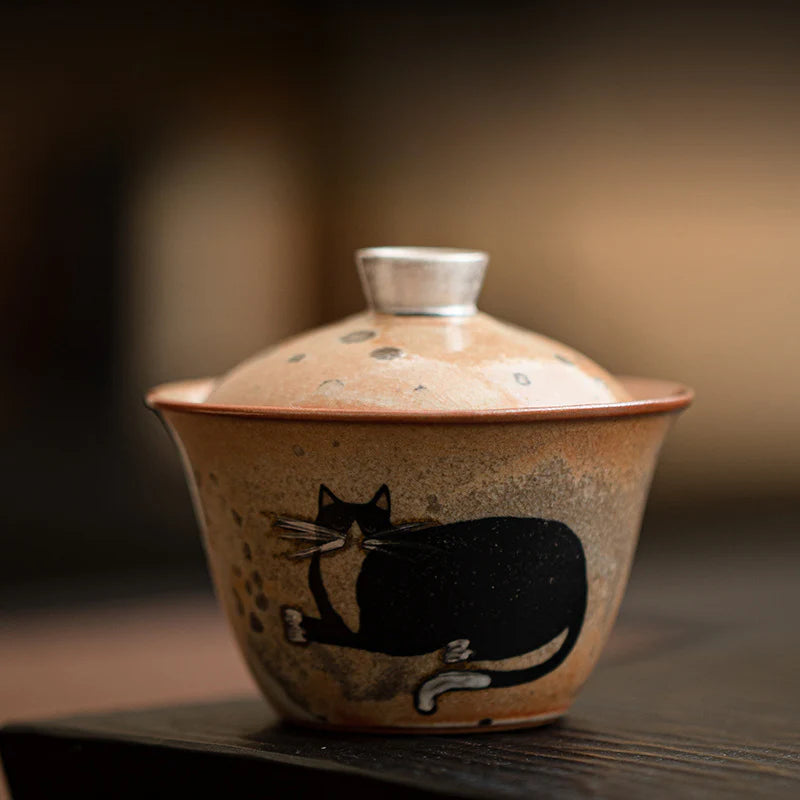 Hand-painted Black Ink Cat Gaiwan Teapot – 100ml | MDTEA