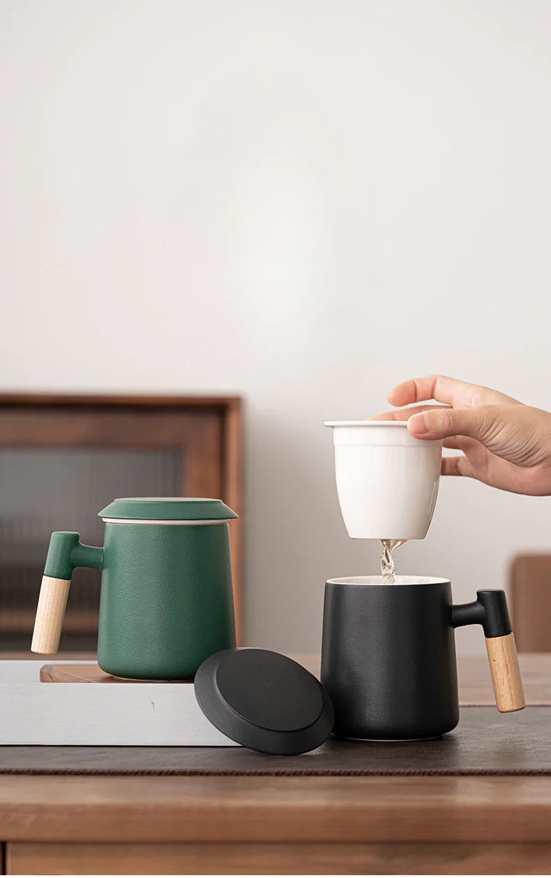 Tea Container Cup Handcrafted Ceramic Tea Cup with Infuser – 450ml (White or Light Green ...